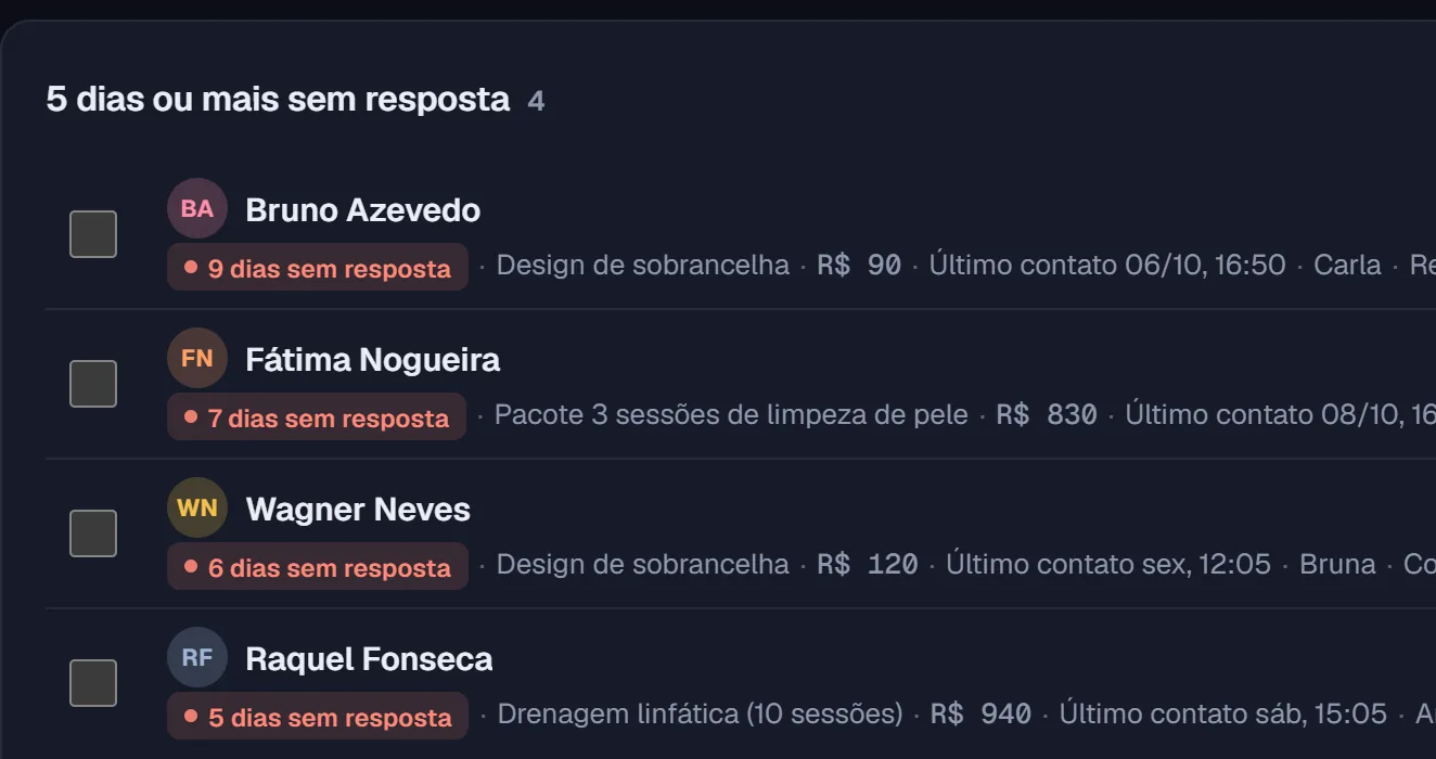 Tela Recuperar: quatro clientes com 5 dias ou mais sem resposta, o valor de cada orçamento e o botão Chamar de novo.