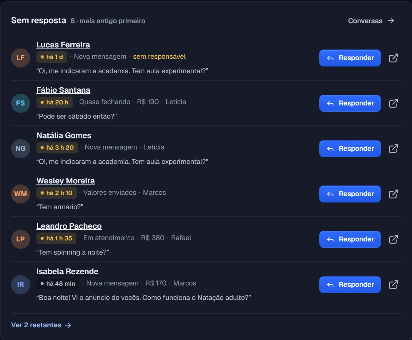 Lista Sem resposta da Academia Pulso: pessoas perguntando sobre aula experimental, armário e natação, com o botão Responder.